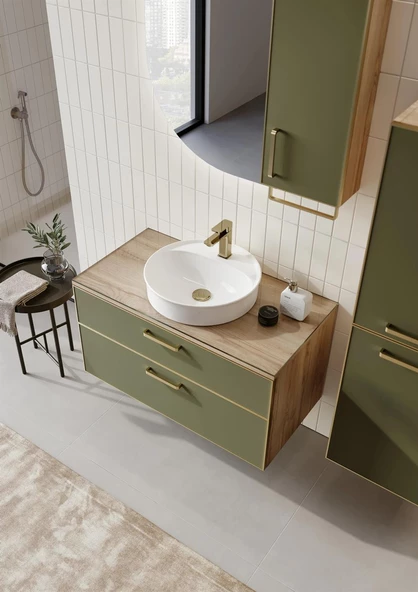 Orka Salerno 100 cm Sardunya Altın Banyo Dolabı Alt Modül ve Lavabo - 3