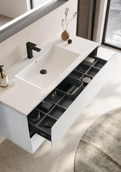 Orka Nest 121 cm Mat Beyaz Banyo Dolabı Alt Modül ve Lavabo