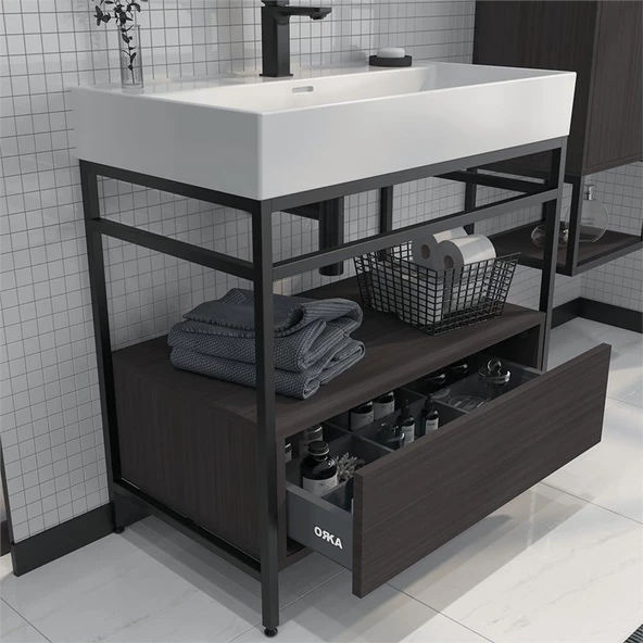 Orka Vegas 60 cm Antrasit Banyo Dolabı Alt Modül ve Lavabo - Resim 3