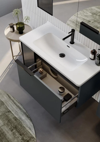 Orka Pure 80 cm Antrasit Banyo Dolabı Alt Modül ve Lavabo - 3