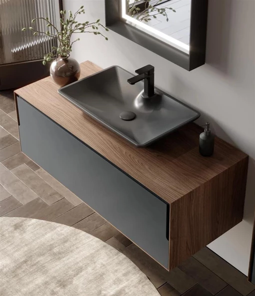 Orka Craft 120 cm Ceviz Antrasit Banyo Dolabı Alt Modül ve Lavabo ürün görseli