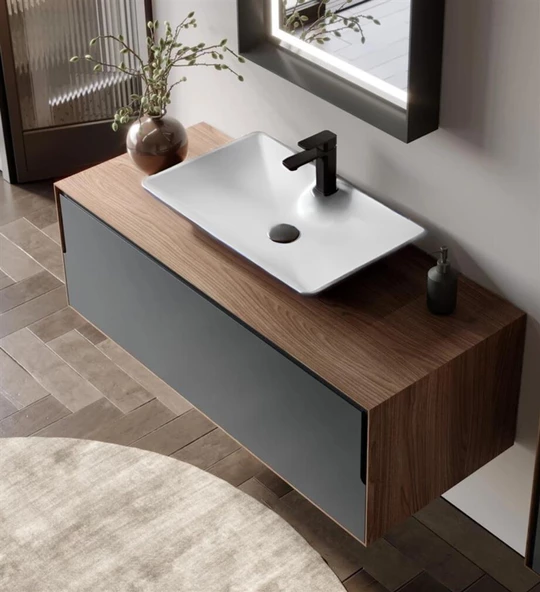 Orka Craft 120 cm Beyaz Antrasit Banyo Dolabı Alt Modül ve Lavabo