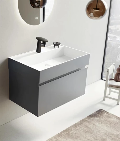Orka Lusso 80 cm Gri Banyo Dolabı Alt Modül ve Lavabo