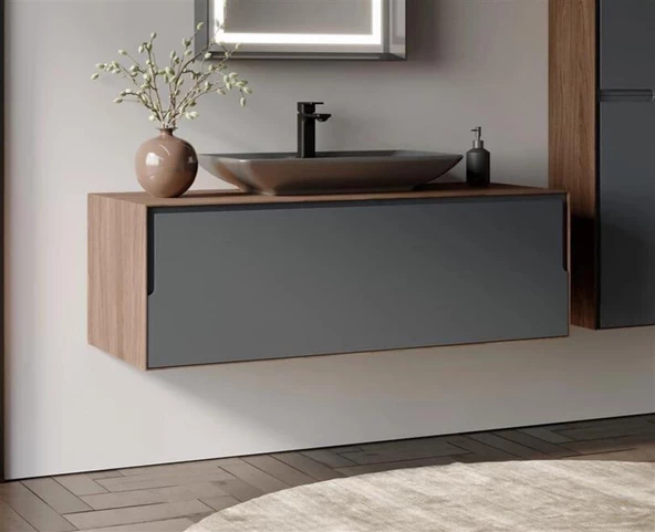 Orka Craft 120 cm Ceviz Antrasit Banyo Dolabı Alt Modül ve Lavabo - Resim 2