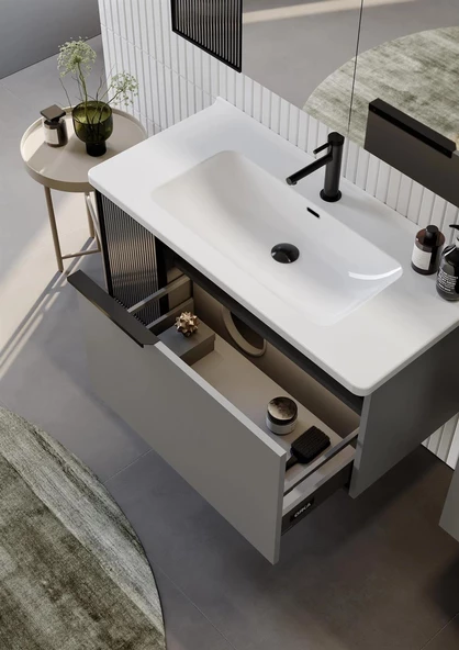 Orka Pure 100 cm Gri Banyo Dolabı Alt Modül ve Lavabo - Resim 2