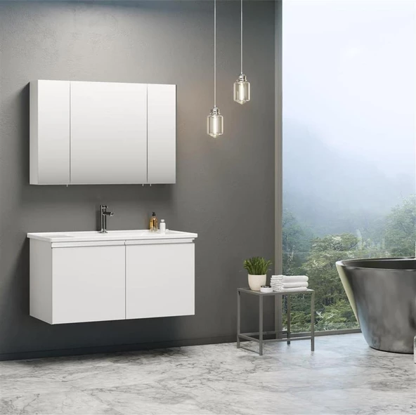 Orka Terme 100 cm Beyaz Kapaklı Banyo Dolabı Takımı