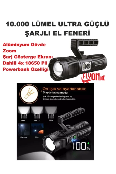 ULTRA GÜÇLÜ 10.000 LÜMEL ŞARJLI POWERBANK ÖZELLİKLİ EL FENERİ ÇOK FONSİYONLU LED ÖN VE ARKA IŞIKLI