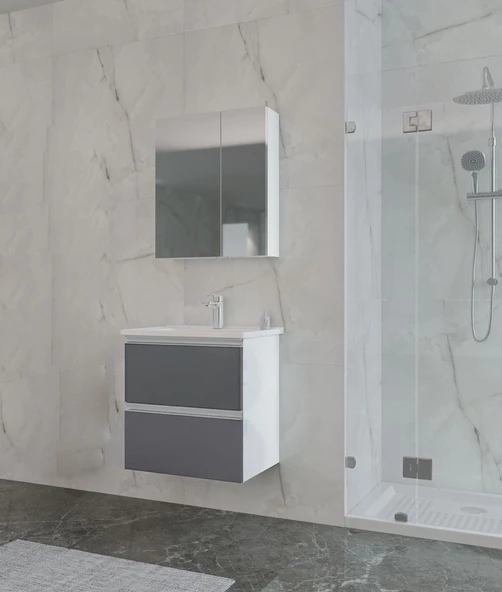 Orka Terme 60 cm Gri Çekmeceli Banyo Dolabı Takımı