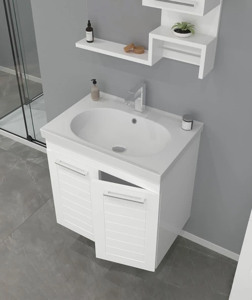 Orka Perge 65 cm Parlak Beyaz Lake Banyo Dolabı Takımı - Resim 3