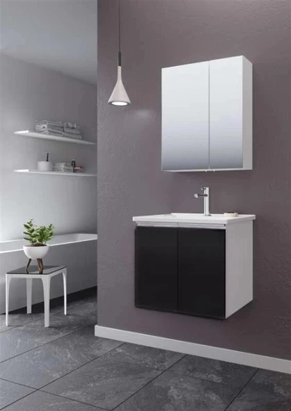 Orka Terme 60 cm Siyah Kapaklı Banyo Dolabı Takımı