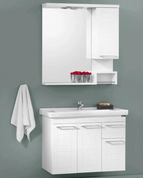 Orka Perge 85 cm Parlak Beyaz Lake Banyo Dolabı Takımı