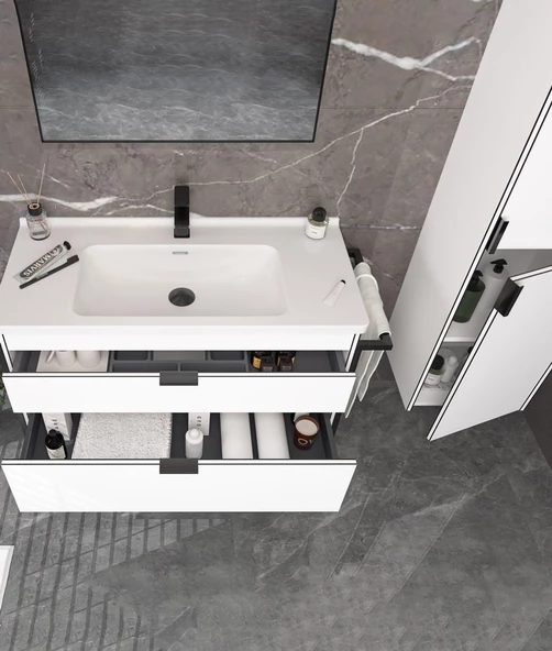 Orka Trio 100 cm Beyaz Çekmeceli Havluluklu Banyo Dolabı Takımı - 2