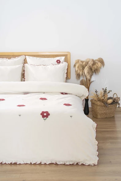 Rivaİstanbul Florita Vişne Çift Kişilik %100 Pamuklu Nakışlı Nevresim Takımı & Çeyiz Seti - Resim 3