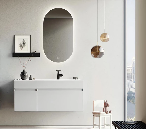 Orka Lusso 120 cm Mat Beyaz Ledli Ayna Banyo Dolabı Takımı