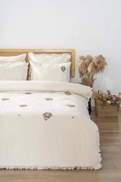 Rivaİstanbul Florita Bej Çift Kişilik %100 Pamuklu Nakışlı Nevresim Takımı & Çeyiz Seti - Resim 3