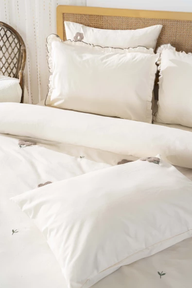 Rivaİstanbul Florita Bej Çift Kişilik %100 Pamuklu Nakışlı Nevresim Takımı & Çeyiz Seti - Resim 5