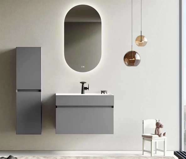 Orka Lusso 80 cm Mat Gri Ledli Ayna Banyo Dolabı Takımı - Resim 2