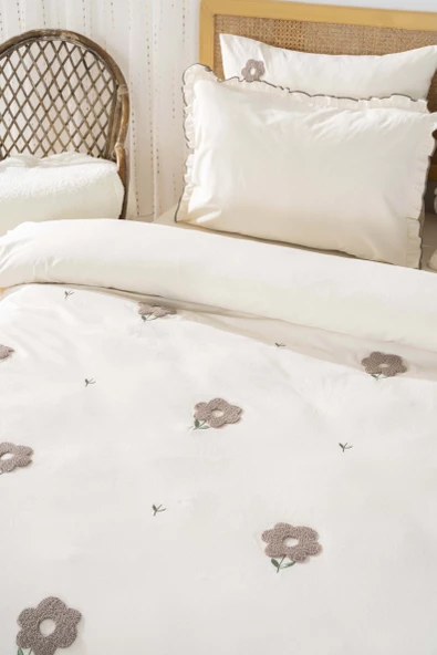 Rivaİstanbul Florita Bej Çift Kişilik %100 Pamuklu Nakışlı Nevresim Takımı & Çeyiz Seti - Resim 4