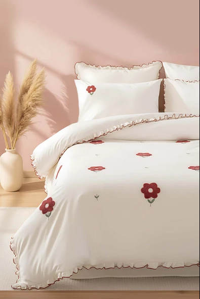 Rivaİstanbul Florita Vişne Çift Kişilik %100 Pamuklu Nakışlı Nevresim Takımı & Çeyiz Seti ürün görseli 1