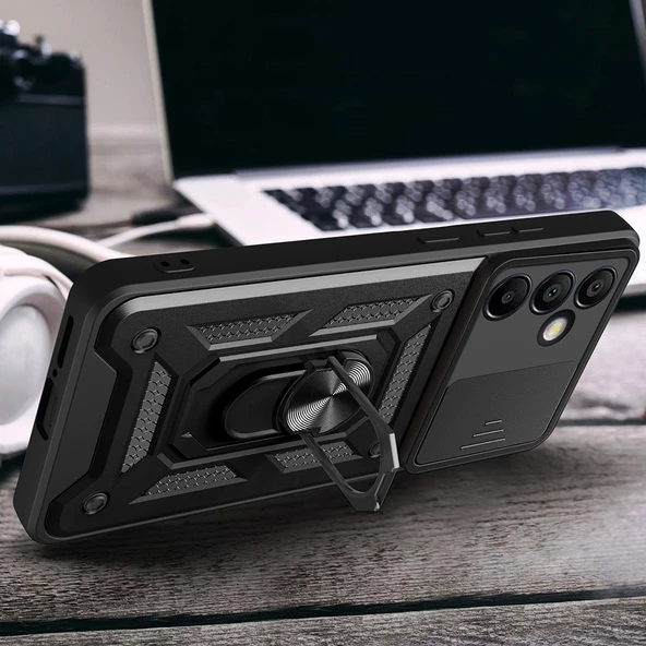 Galaxy S24 FE Kılıf Magnetik Standlı Kamera Korumalı Zore Sürgülü Vega Kapak - 5