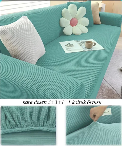 Upmall Streç Lastikli Esnek Yikanabilir Kare Desen Berjer Kotuk Örtüsü Takımı (3+3+1+1) Koltuk Kılıfı - 9