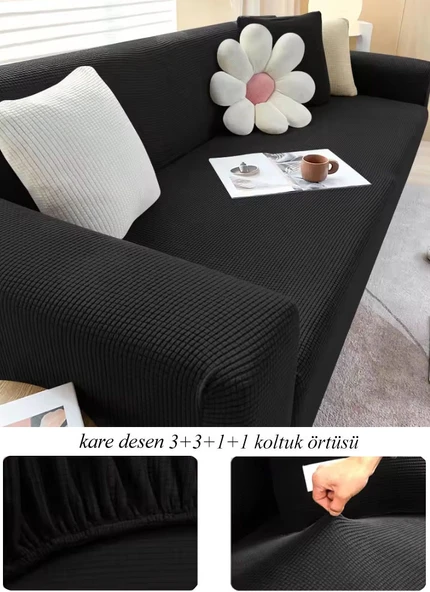 Upmall Streç Lastikli Esnek Yikanabilir Kare Desen Berjer Kotuk Örtüsü Takımı (3+3+1+1) Koltuk Kılıfı - 7