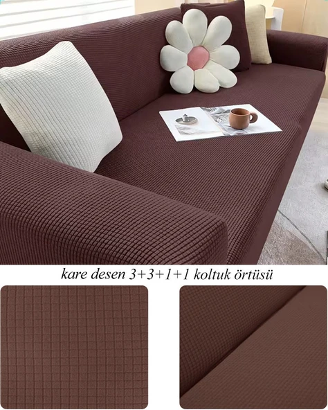 Upmall Streç Lastikli Esnek Yikanabilir Kare Desen Berjer Kotuk Örtüsü Takımı (3+3+1+1) Koltuk Kılıfı - 5