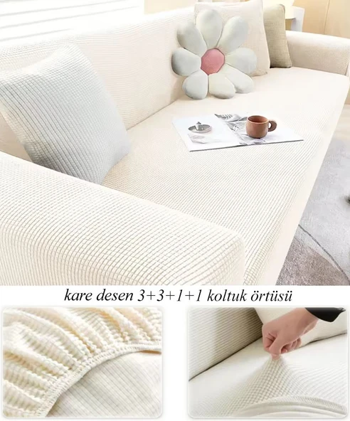 Upmall Streç Lastikli Esnek Yikanabilir Kare Desen Berjer Kotuk Örtüsü Takımı (3+3+1+1) Koltuk Kılıfı - 6