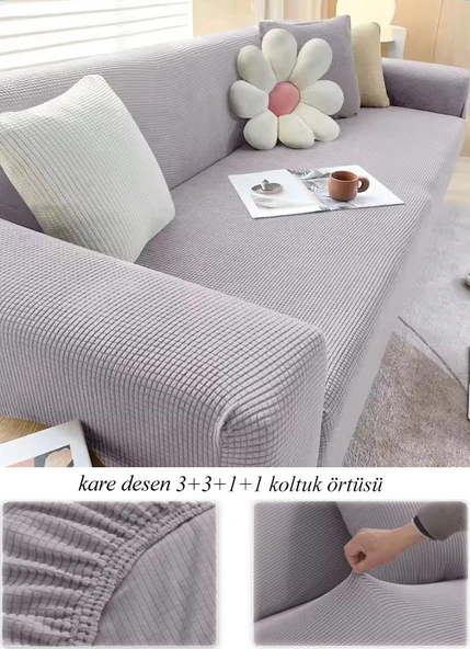 Upmall Streç Lastikli Esnek Yikanabilir Kare Desen Berjer Kotuk Örtüsü Takımı (3+3+1+1) Koltuk Kılıfı - 2