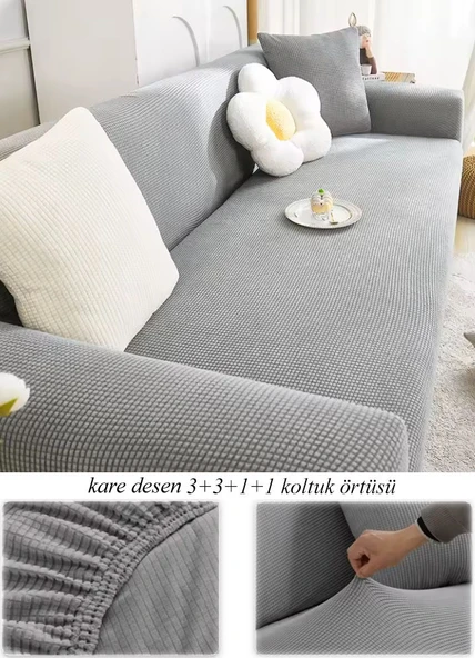 Upmall Streç Lastikli Esnek Yikanabilir Kare Desen Berjer Kotuk Örtüsü Takımı (3+3+1+1) Koltuk Kılıfı - 3