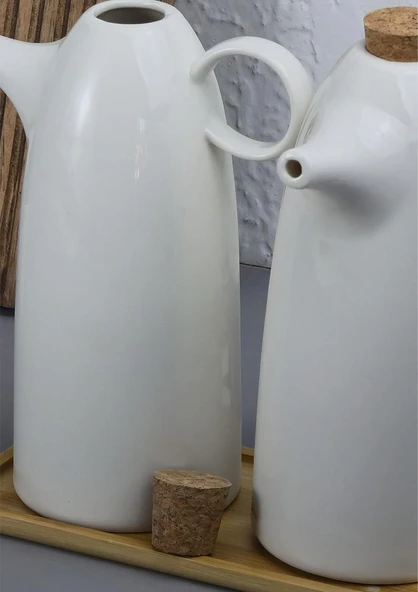 2'li Porselen Yağdanlık Seti - Bambu Altlıklı Yağlık Takımı - Mantar Kapak - 2x500 ML - 4