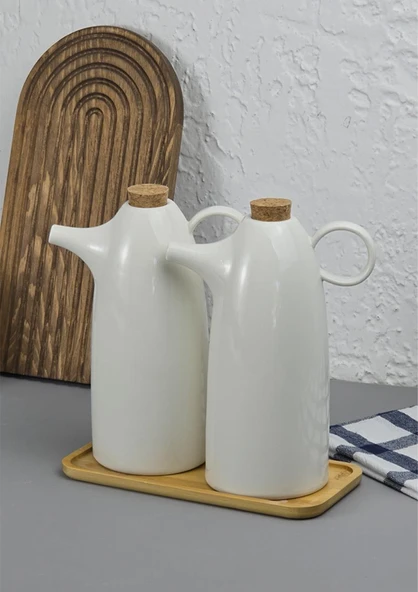 2'li Porselen Yağdanlık Seti - Bambu Altlıklı Yağlık Takımı - Mantar Kapak - 2x500 ML