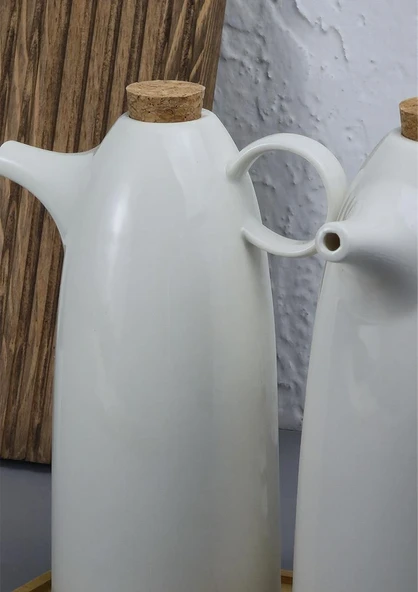 2'li Porselen Yağdanlık Seti - Bambu Altlıklı Yağlık Takımı - Mantar Kapak - 2x500 ML - 3