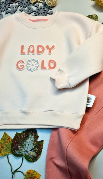 Kız Çocuk Ve Bebek Üçip Kalın Kışlık Lady Gold Baskılı Eşofman Takımı - 2