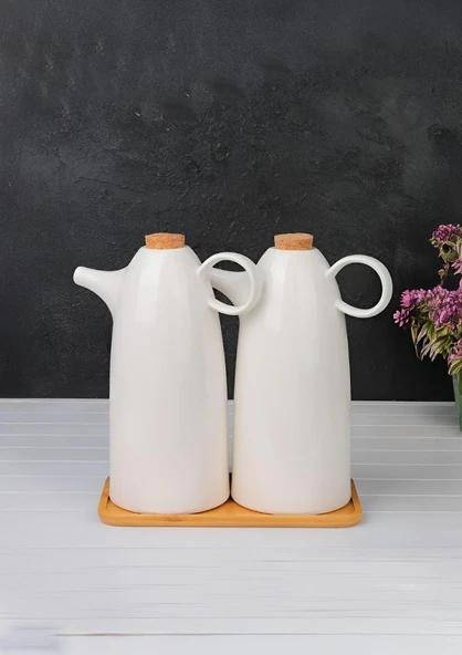 2'li Porselen Yağdanlık Seti - Bambu Altlıklı Yağlık Takımı - Mantar Kapak - 2x500 ML - 6