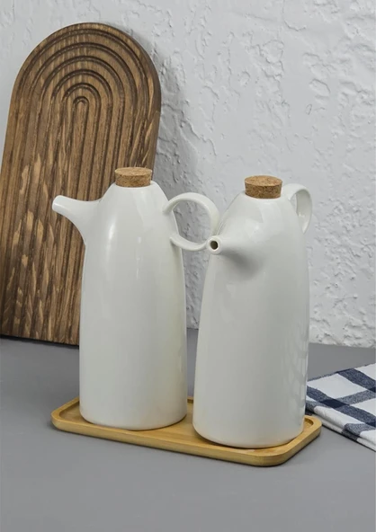 2'li Porselen Yağdanlık Seti - Bambu Altlıklı Yağlık Takımı - Mantar Kapak - 2x500 ML - 2
