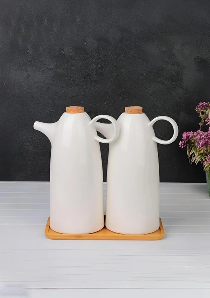 2'li Porselen Yağdanlık Seti - Bambu Altlıklı Yağlık Takımı - Mantar Kapak - 2x500 ML - 2