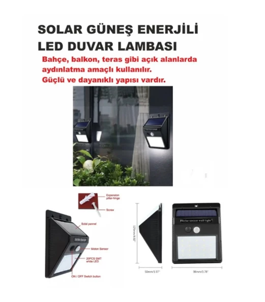 Güneş Enerjili Bahçe Lambası 20 Led 4'lü Paket Bahçe Aplik Bahçe Lambası Bahçe Aydınlatma - Resim 5