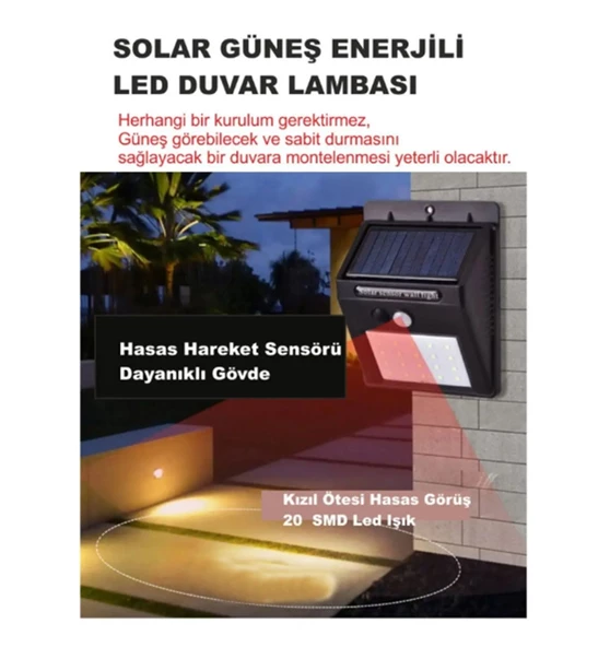 Güneş Enerjili Bahçe Lambası 20 Led 4'lü Paket Bahçe Aplik Bahçe Lambası Bahçe Aydınlatma - Resim 4