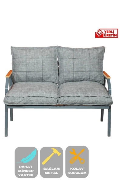 Linda İkili Koltuk Gri Bahçe Mobilyası Bahçe Takımı Metal Balkon Takımı Çay Seti