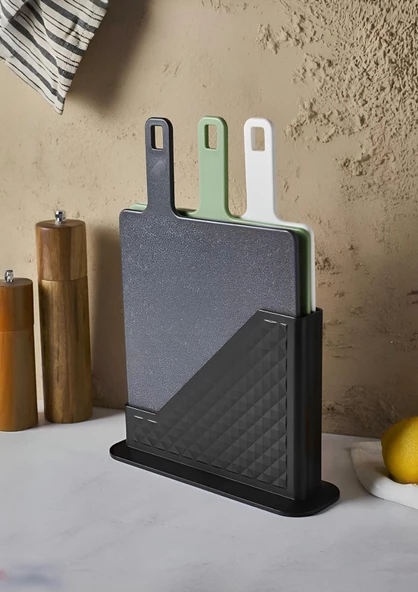 Stantlı Kesme Tahtası Seti - 3lü Kesim Tahtası Takımı - 4 Parça