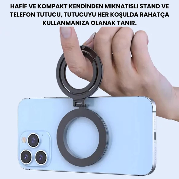 Polham Çift Halkalı Yüzük Tipi Manyetik Standlı Telefon Tutucu, 360 Derece Ayarlanabilir Taşınabilir - 3