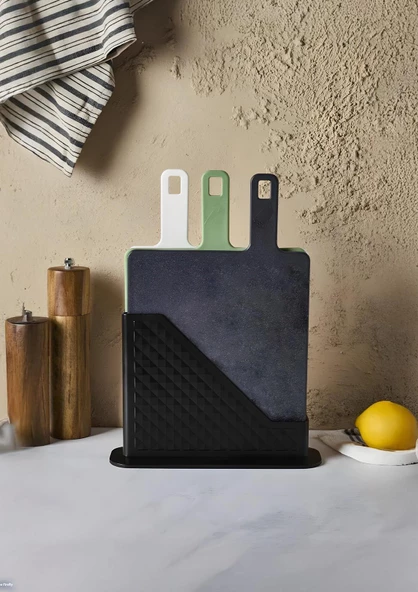 Stantlı Kesme Tahtası Seti - 3lü Kesim Tahtası Takımı - 4 Parça - 3