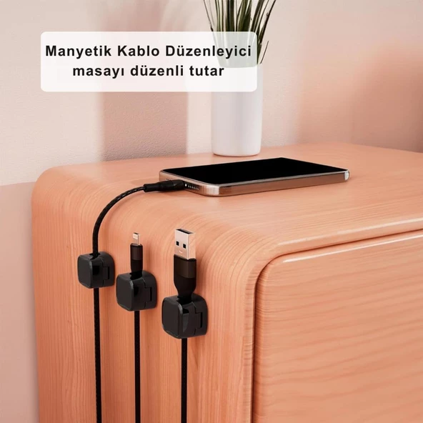 Polham 6 adet Set Yapışkanlı Manyetik Kapaklı Kablo Düzenleyici Organizer, Ev, Ofis, Kablo Düzenleyici - 5