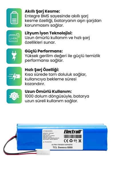 TCL Sweeva 6000M Robot Süpürge Bataryası (ULTRA YÜKSEK KAPASİTE) 7000mAh Robot Süpürge Pil - 2