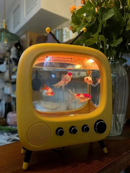 Monozone Tv Şekilli Işıklı Mini Akvaryum Beta Balık Tankı Led Aydınlatma Termostatik Isıtma Vintage ürün görseli