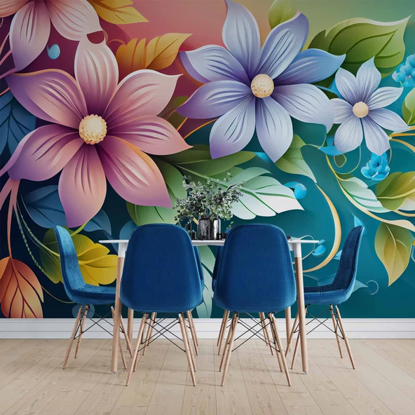 3 Boyutlu Rengarenk Çiçek Temalı Duvar Kağıdı - Resim 5