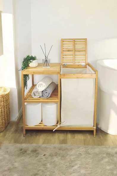 Digithome Bambu 3 Raflı Kumaş Sepetli Banyo Düzenleyici Kirli Çamaşır Sepeti D/8 JW-22750 C1-1-289 - 2