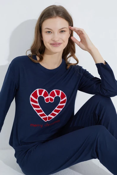 Siyah İnci lacivert kalp nakışlı Jogger Örme Pijama Takım