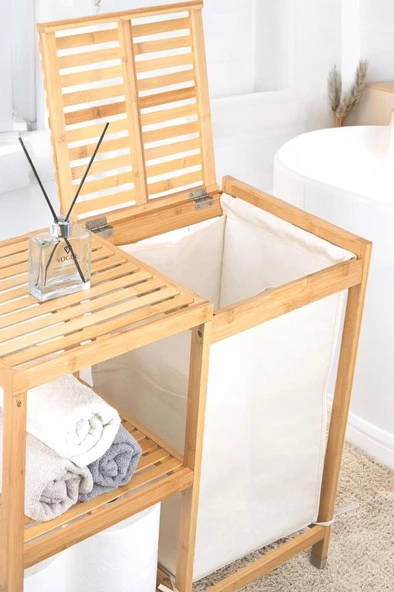 Digithome Bambu 3 Raflı Kumaş Sepetli Banyo Düzenleyici Kirli Çamaşır Sepeti D/8 JW-22750 C1-1-289 - 4